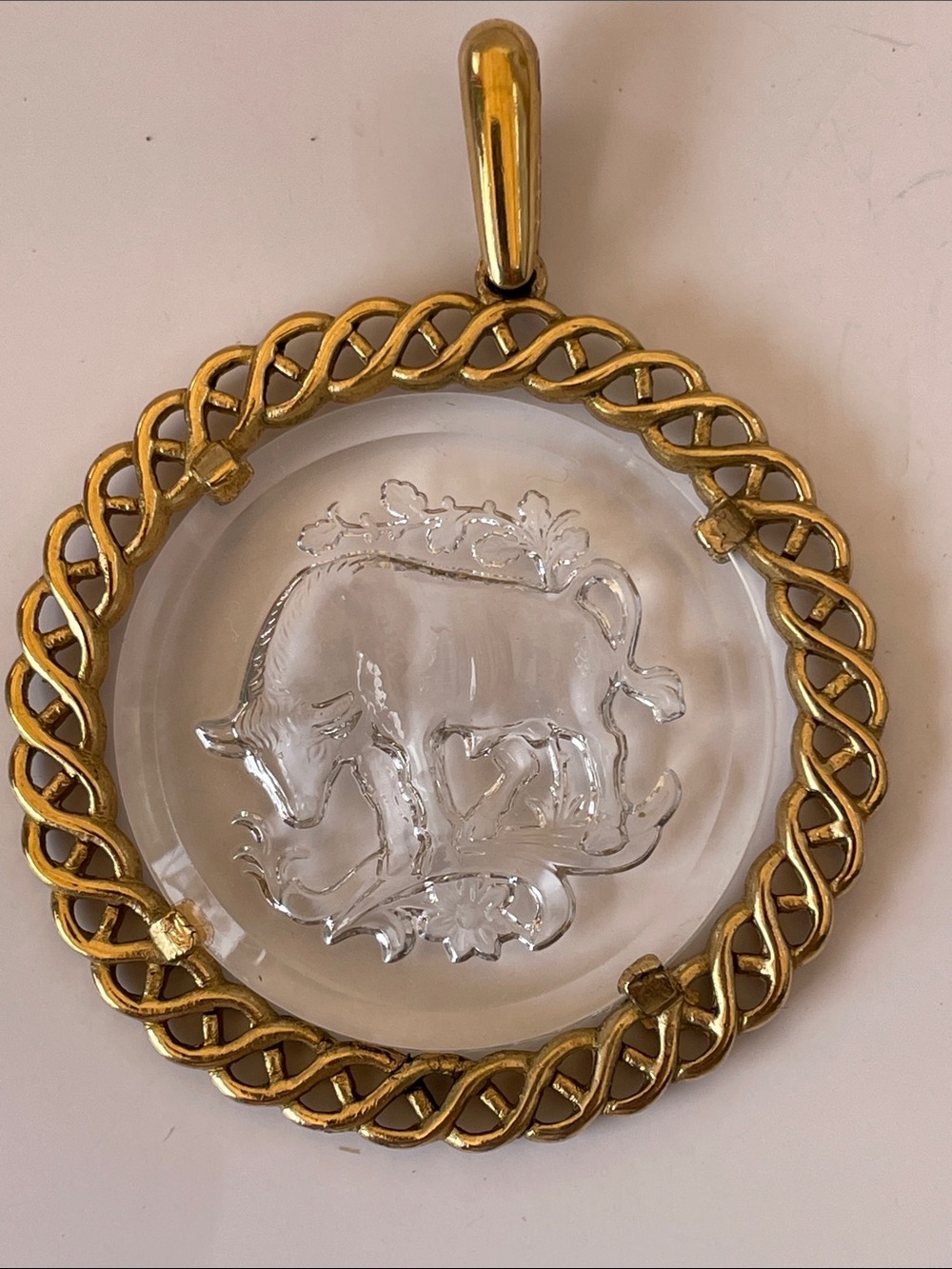 Crown Trifari Gold-Tone Clear Glass Bull Medallion Pendant with Animal Motif
